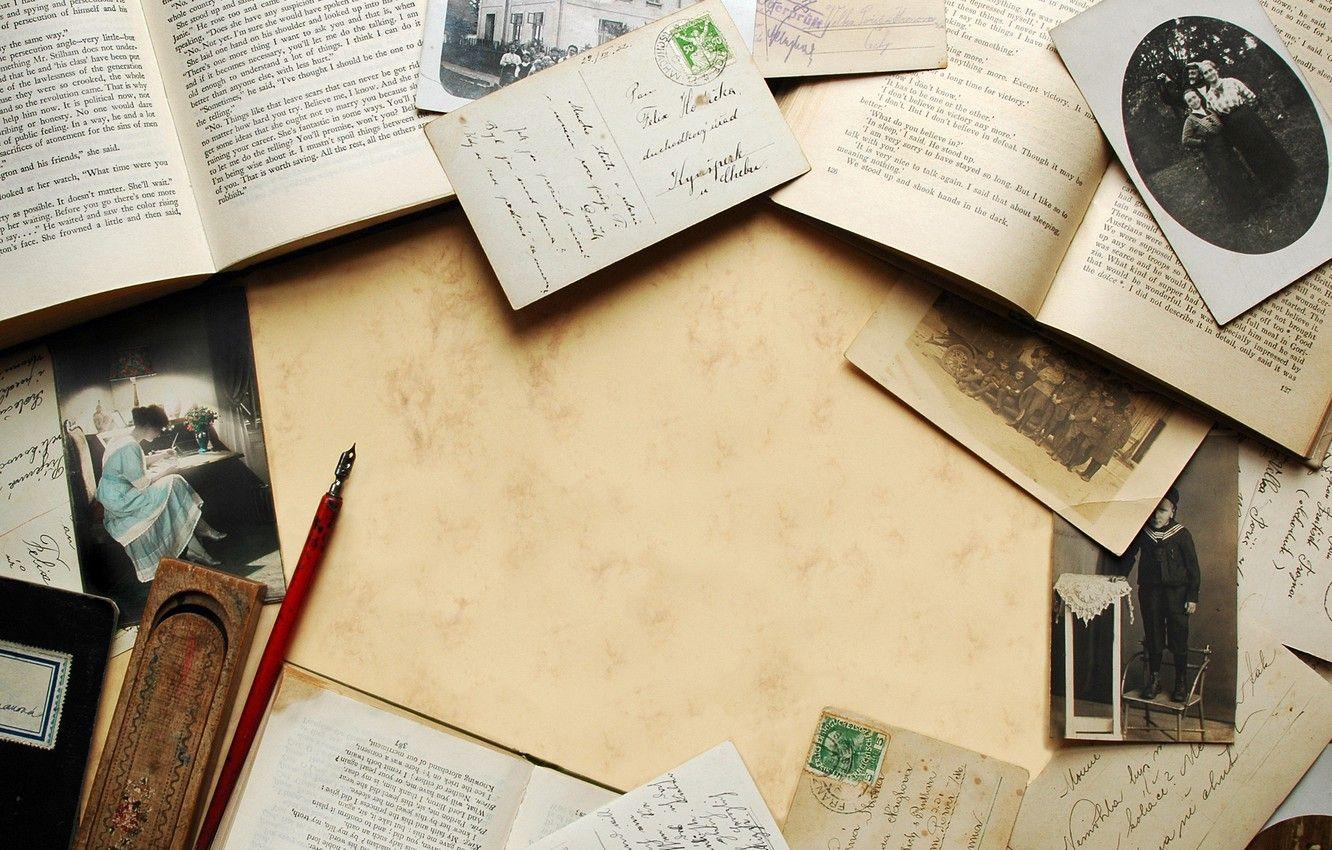 1332x850 Wallpaper paper, table, book, letters, old photo, cards image for desktop, section настроения