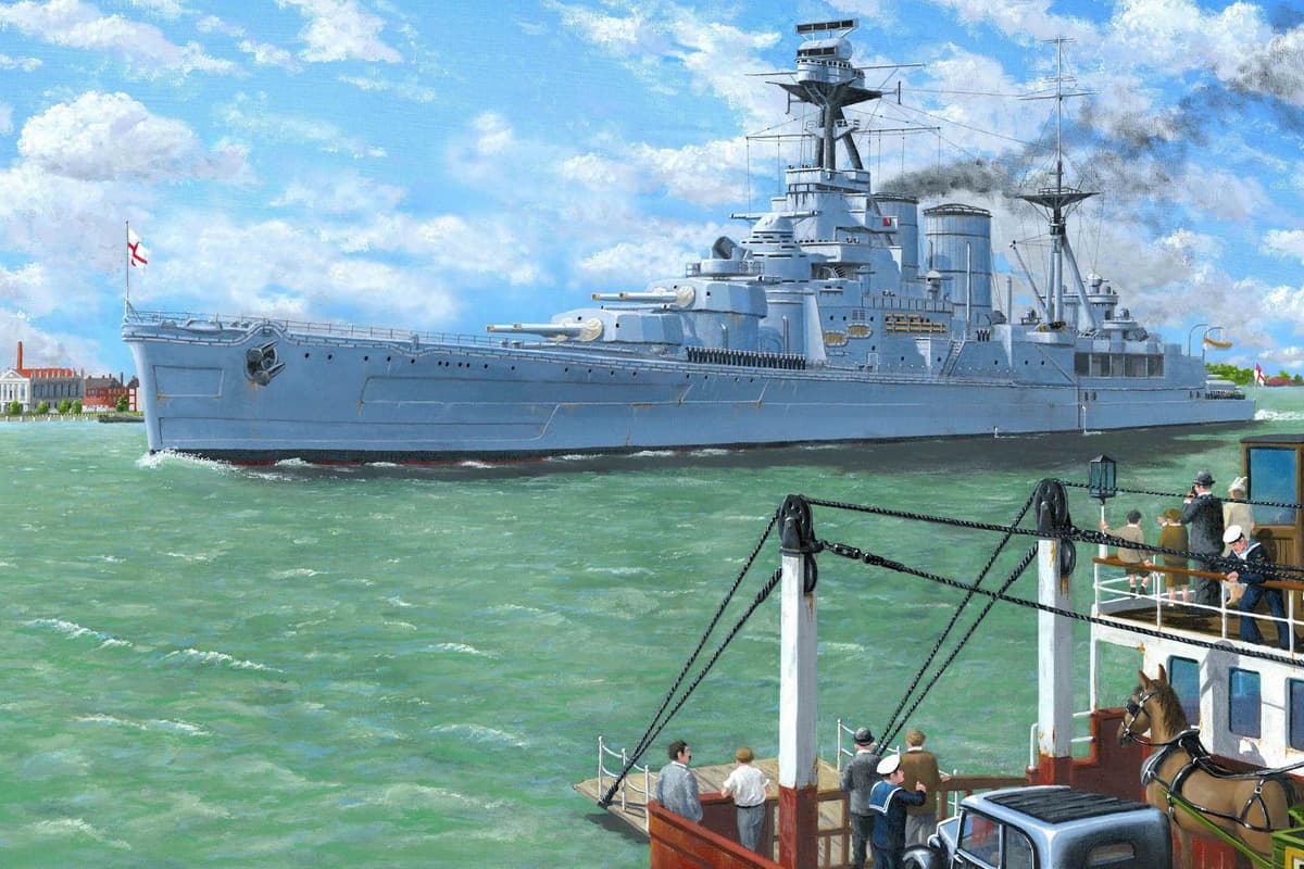 1200x800 HMS Hood leaves Portsmouth Harbour, passing a horse