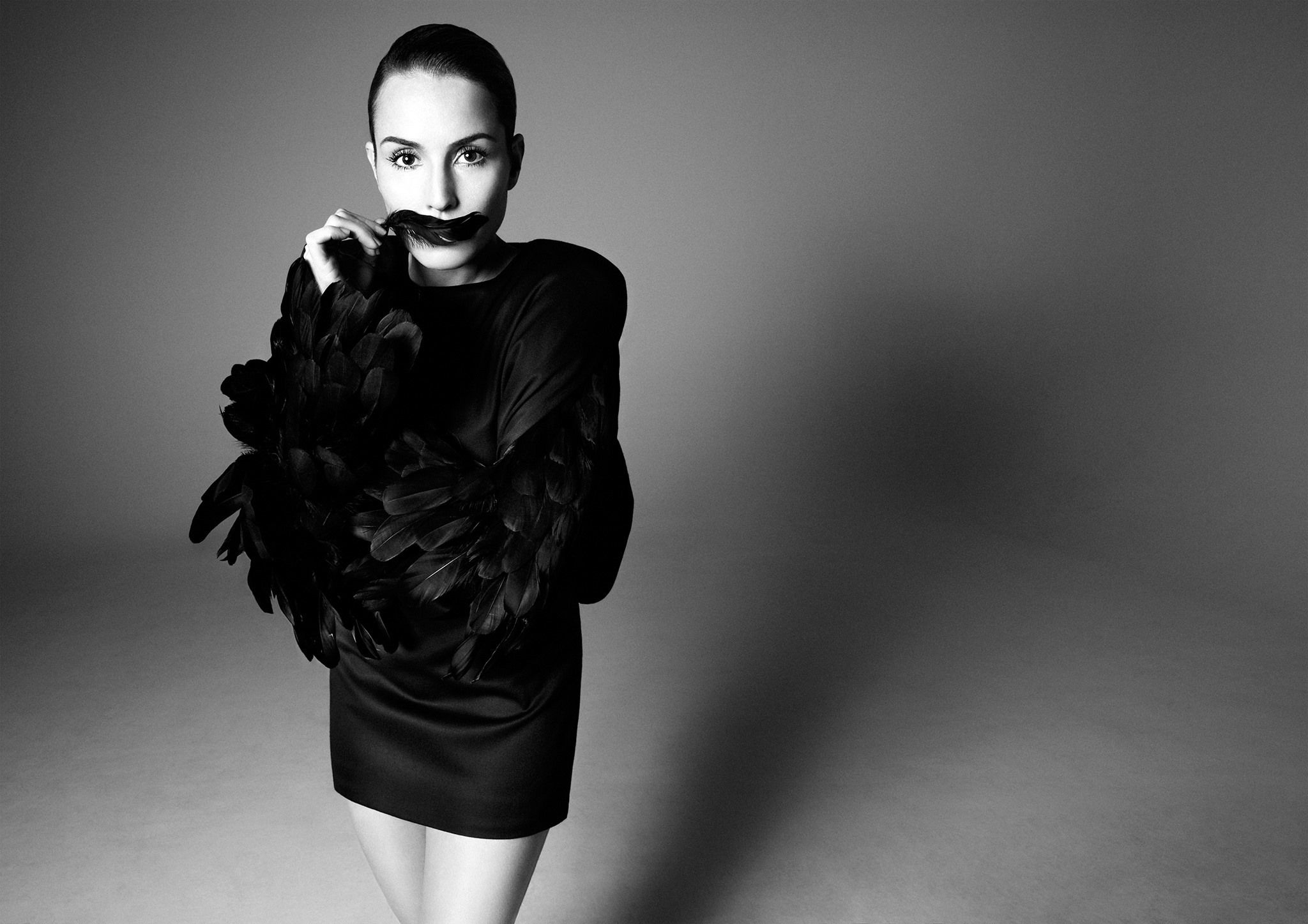 2048x1447 Wallpaper photo, background, black, feathers, dress, actress, black and white, journal for mobile and desktop, section девушки, resolution 2048x1447
