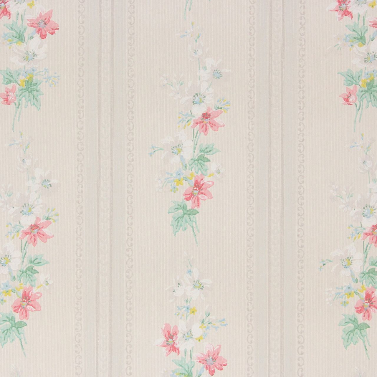 1280x1280 1940s Vintage Wallpaper Pink and White Floral on White Stripe's Vintage Wallpaper