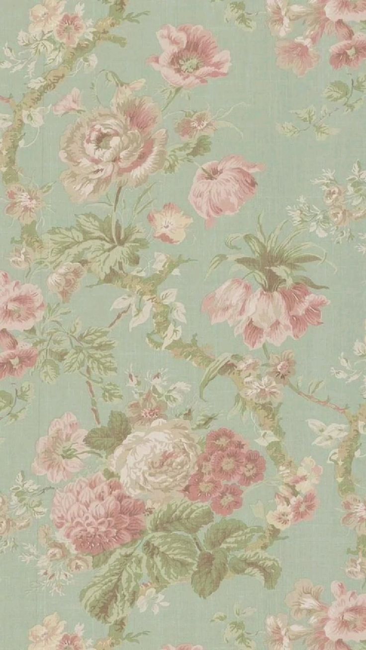 736x1308 Vintage Floral Wallpaper with Pink and Green Flowers. Vintage wallpaper decals bloxburg, Vintage pink and green wallpaper, Vintage floral wallpaper