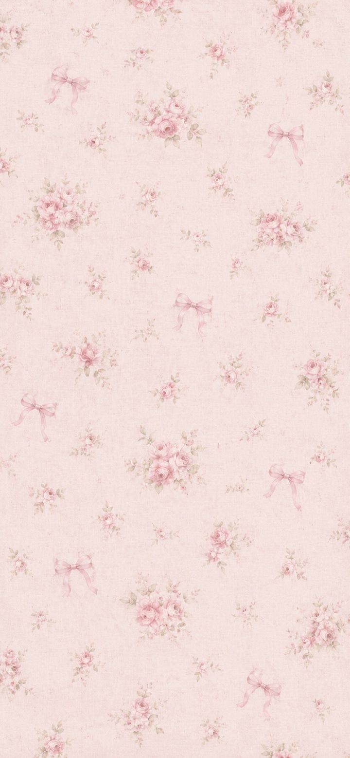 720x1556 Coquette Floral Aesthetic Phone Wallpaper : Vintage Pink Roses and Bow Background