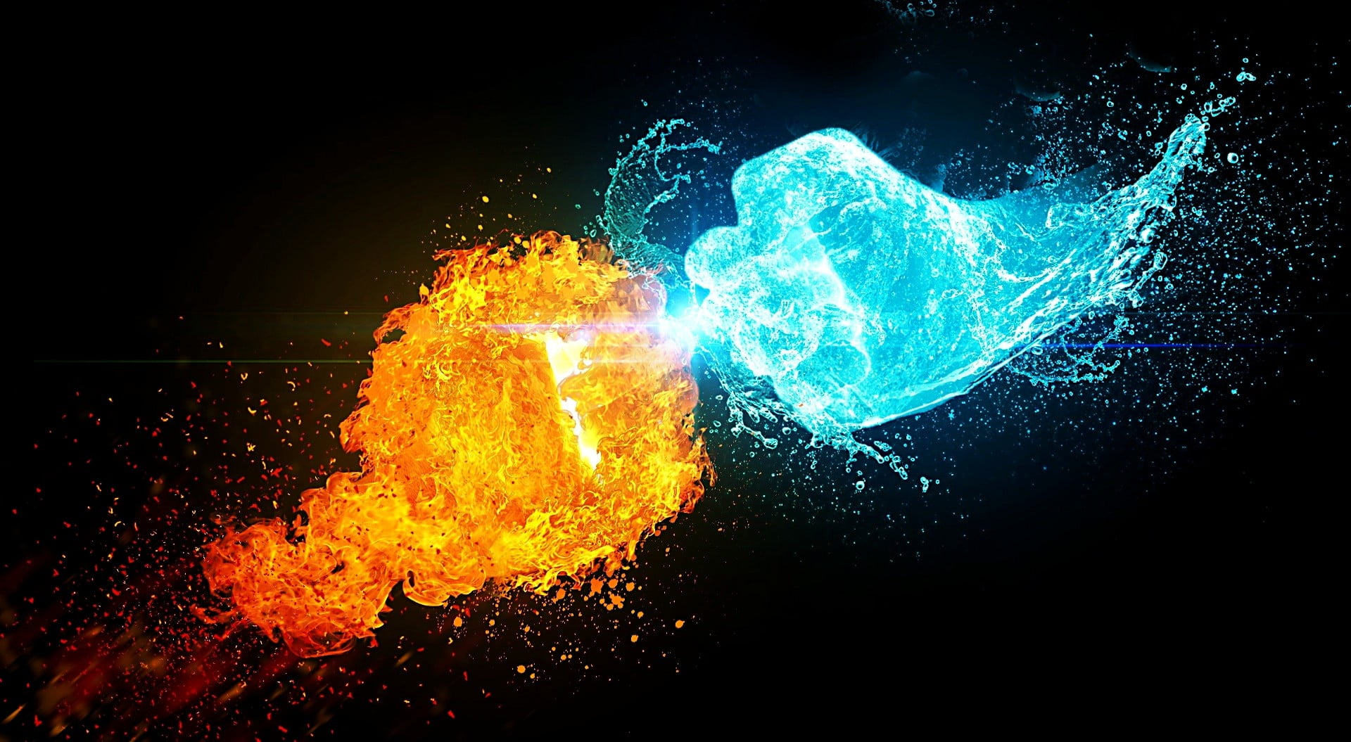 1920x1055 Cold and heat fist digital wallpaper, fists, water, fire HD wallpaper