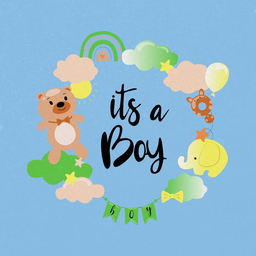 980x980 Pregnancy announcement background, baby items gender reveal, toys, clouds and rainbow, teddy bear, balloons, hand drawn modern style with textures. Baby shower background Boy or girl. Gender reveal 61061436 Vector Art