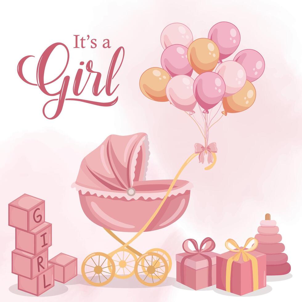 980x980 Baby Girl Announcement Image Baby Girl Announcement Greeting Card With Pink Baby Stroller And