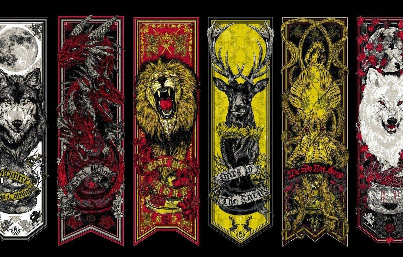 1332x850 Photo Wallpaper Moon, Crow, Lion, Wolf, Dragon, A Song Of Thrones House Old Gods