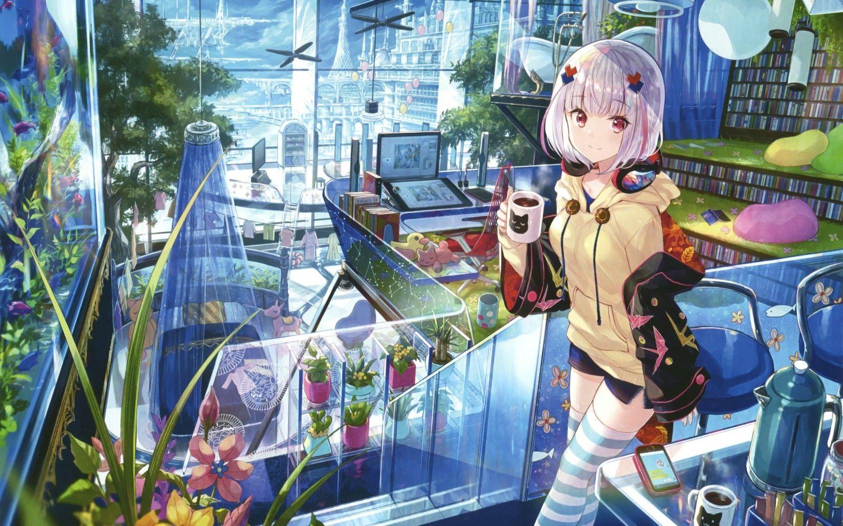 1680x1050 Anime Girl, Futuristic City .