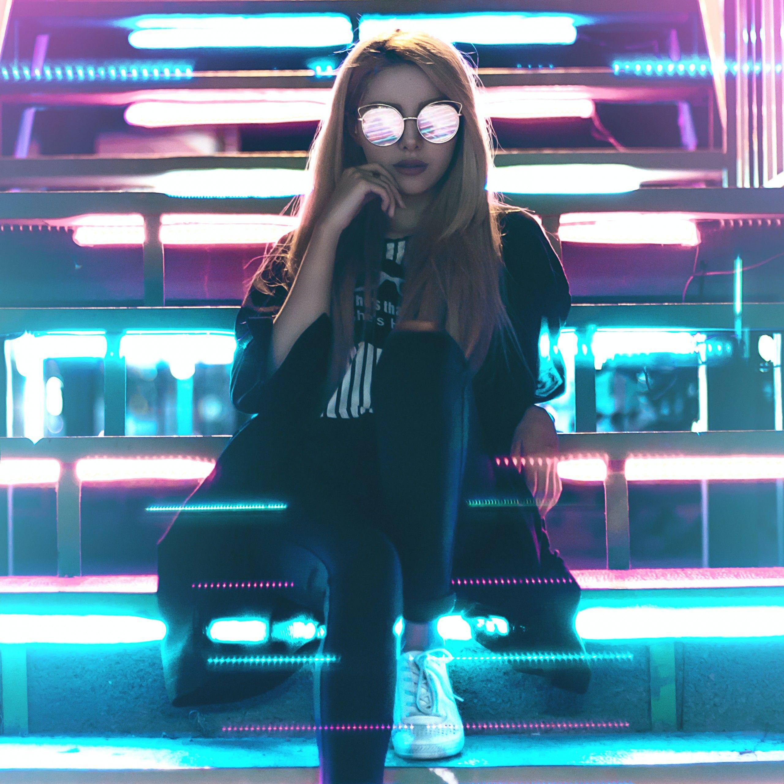 2560x2560 Girl 4K Wallpaper, Urban, Metal stairs .
