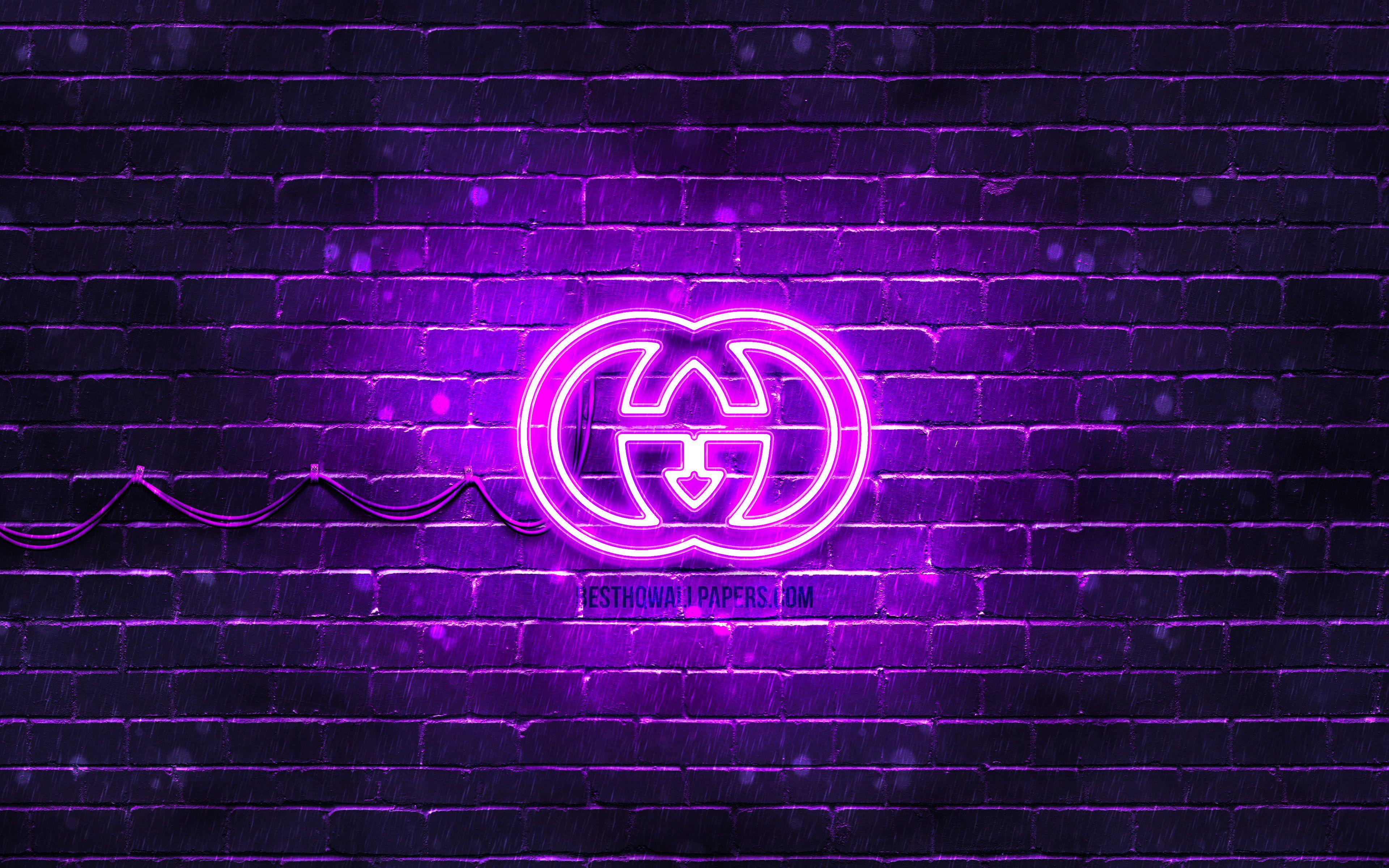 3840x2400 4k, violet brickwall, Gucci logo .
