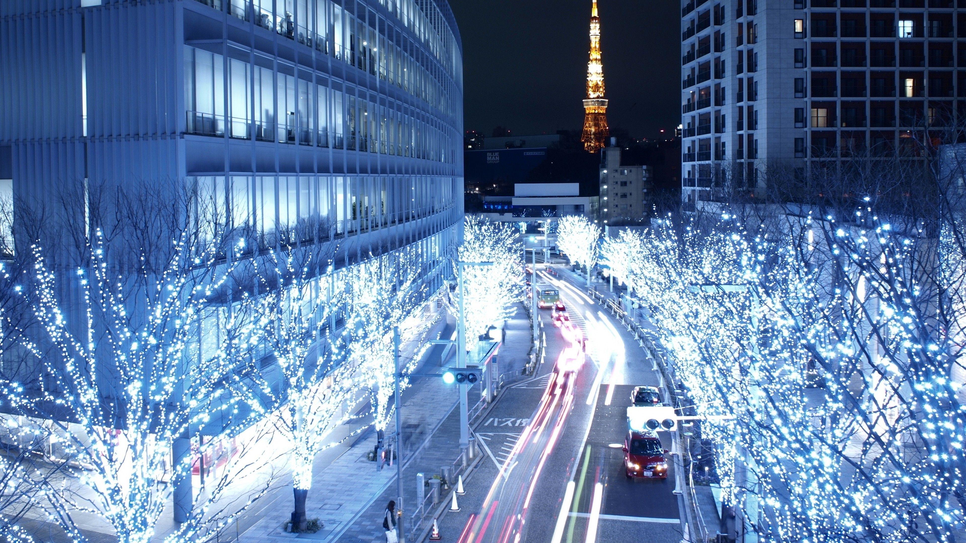 3840x2160 Blue Lights In Tokyo Wallpaper Desktop Background