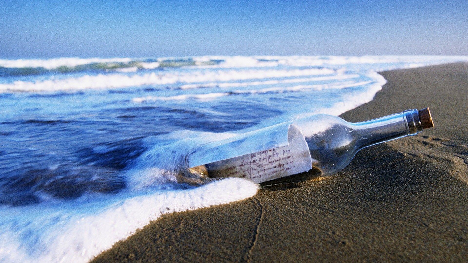 1920x1080 Beaches: Love Ocean Nature Message Romantic Sand Bottle Beach