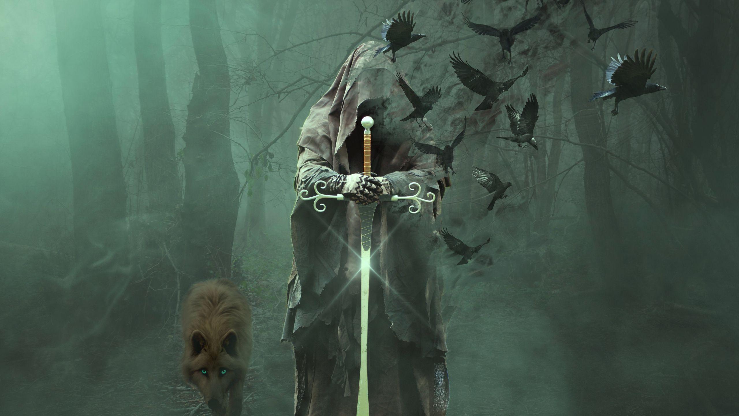 2560x1440 Magician, fantasy, wolf, warrior .