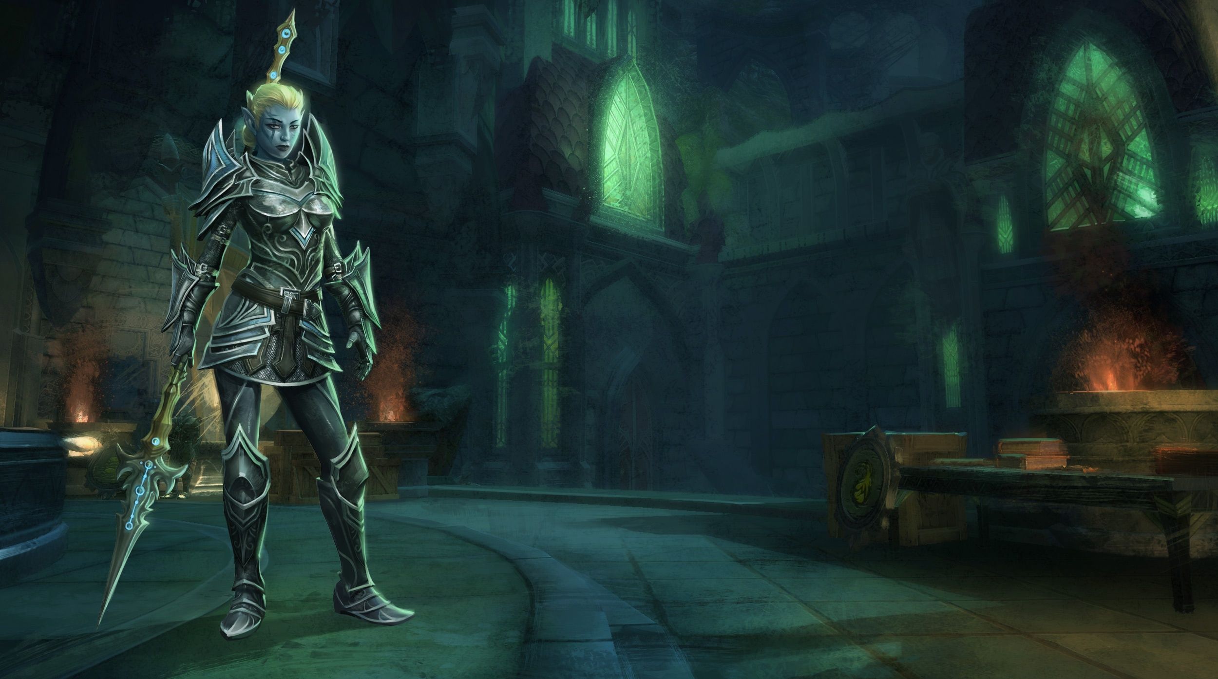 2500x1394 Wallpaper armor, castle, spear, elf, Kingdoms of Amalur: Reckoning, girl, weapons for mobile and desktop, section игры, resolution 2500x1394