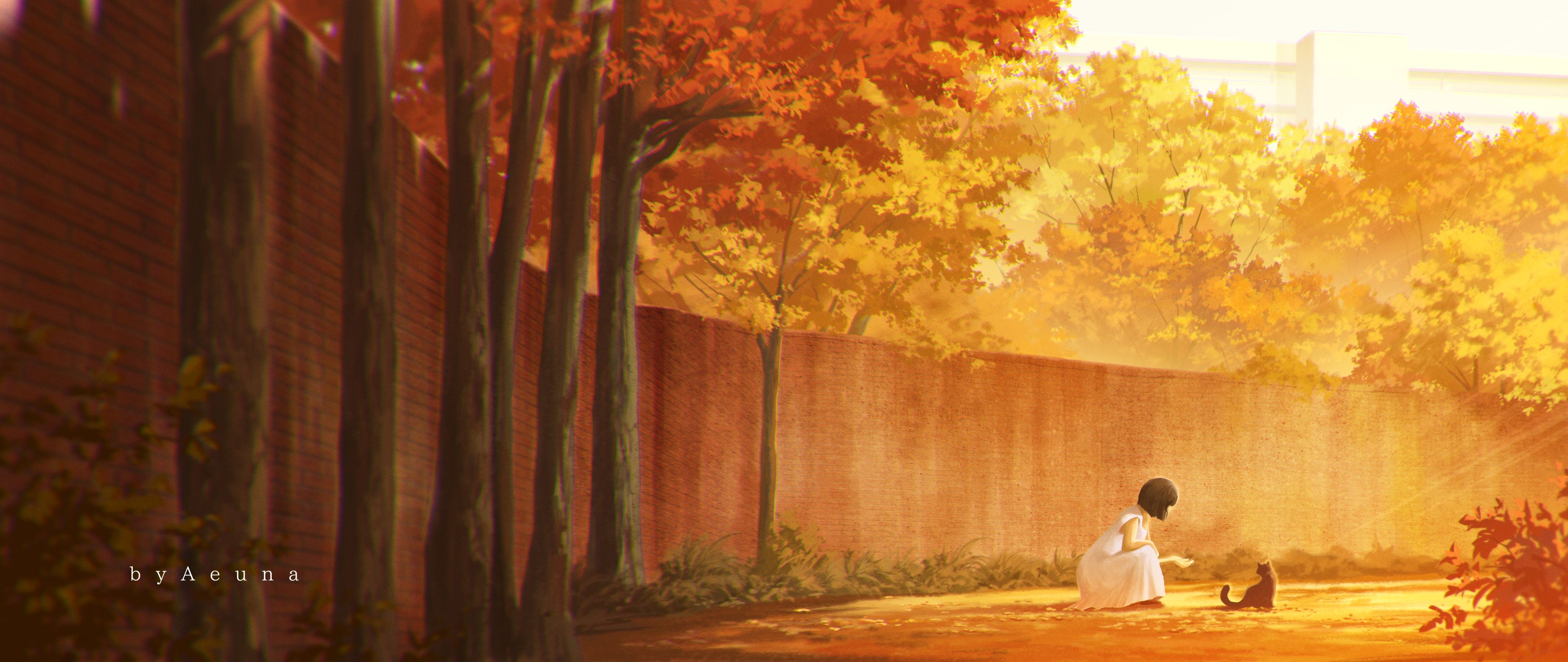 3947x1666 Aeuna, digital art, artwork, illustration, digital painting, forest, trees, women, cats, dark hair, animals, watermarked, sunlight, fall, wide screen, ultrawide, desktop wallpaper, wallhaven