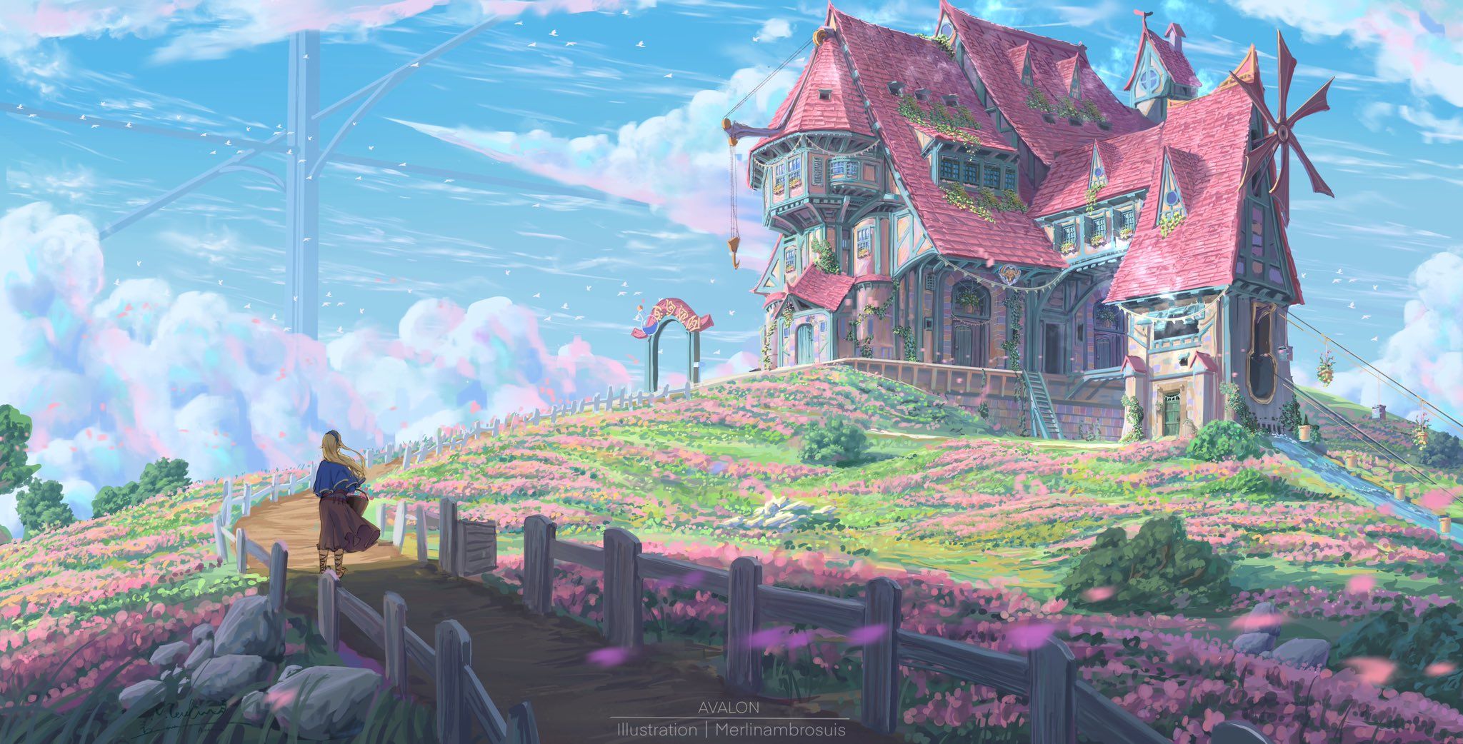 2048x1042 sky, clouds, field, path, grass, birds, MerlinAmbrosuis, trees, cottage, women outdoors, pink flowers, anime girl, house, watermarked, hair blowing in the wind, wind, petals, fence, desktop wallpaper, wallhaven