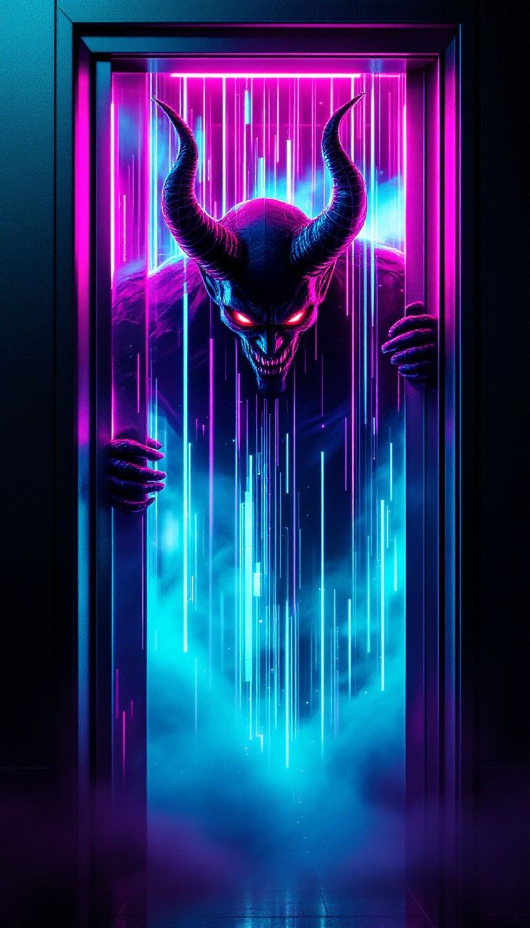 768x1344 Download Neon Devil Emerges Image, Neon, Cyberpunk