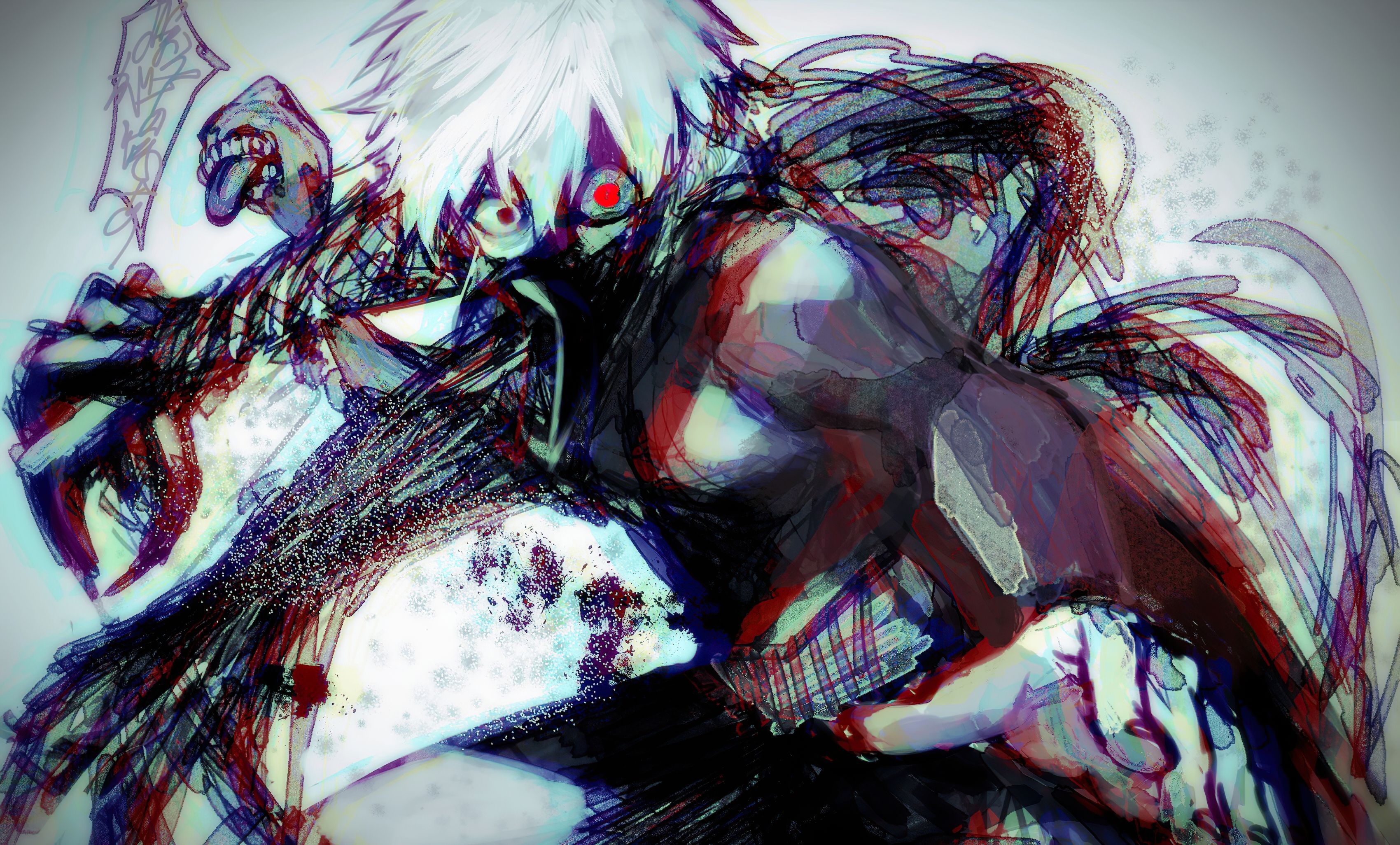 3400x2052 Ken Kaneki Unleashed: Kakuja & Kagune Fury in Tokyo Ghoul HD Wallpaper