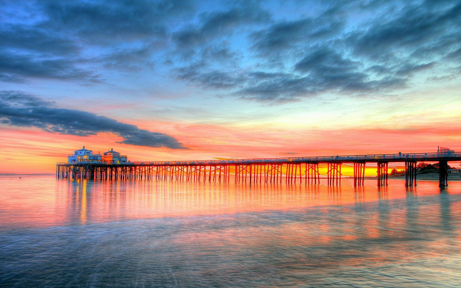 Bãi biển 1920x1200: Malibu Pier Sunset California Beach USA Hình nền Lướt cho HD