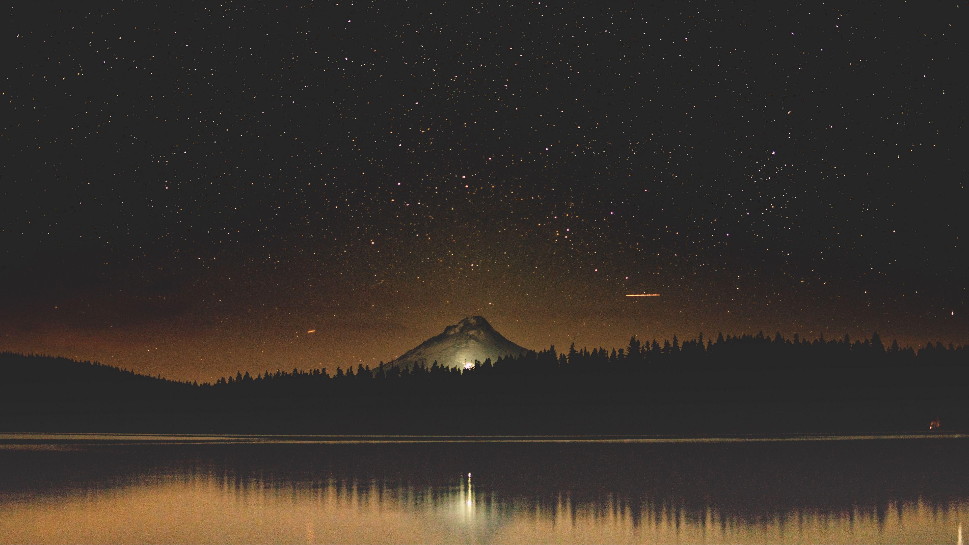 3840x2160 starry sky, lake, mountain, trees .com