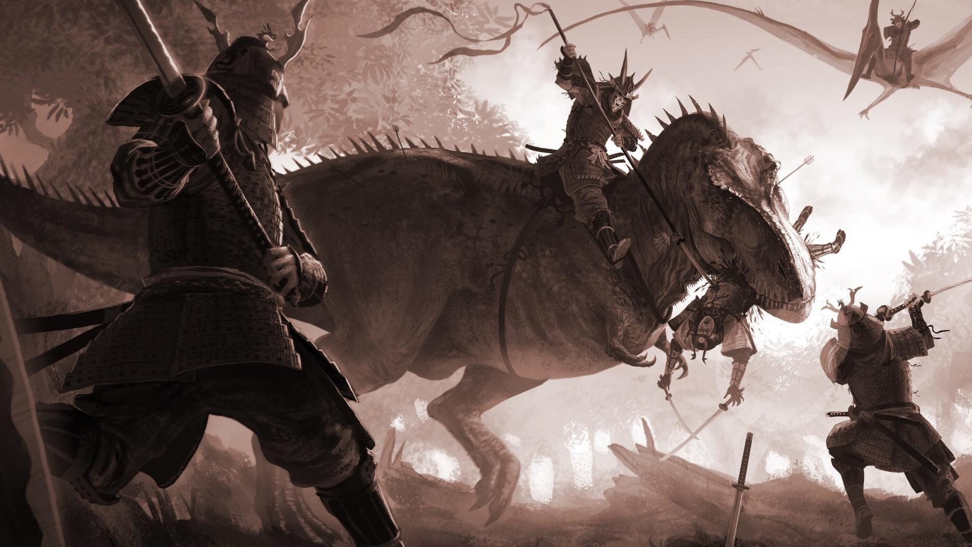 1920x1080 Dinosaurs samurai fantasy art battles warriors wallpaper