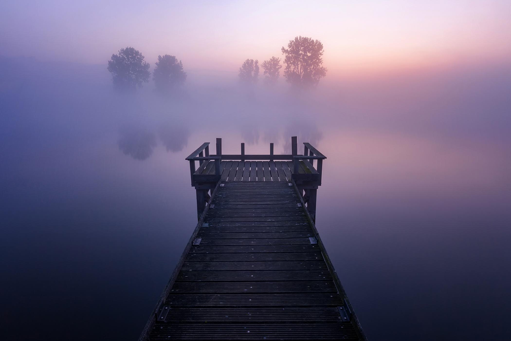 2100x1400 Pier And Foggy Lake Wallpaper, HD Nature 4K Wallpaper, Image, Photo and Background