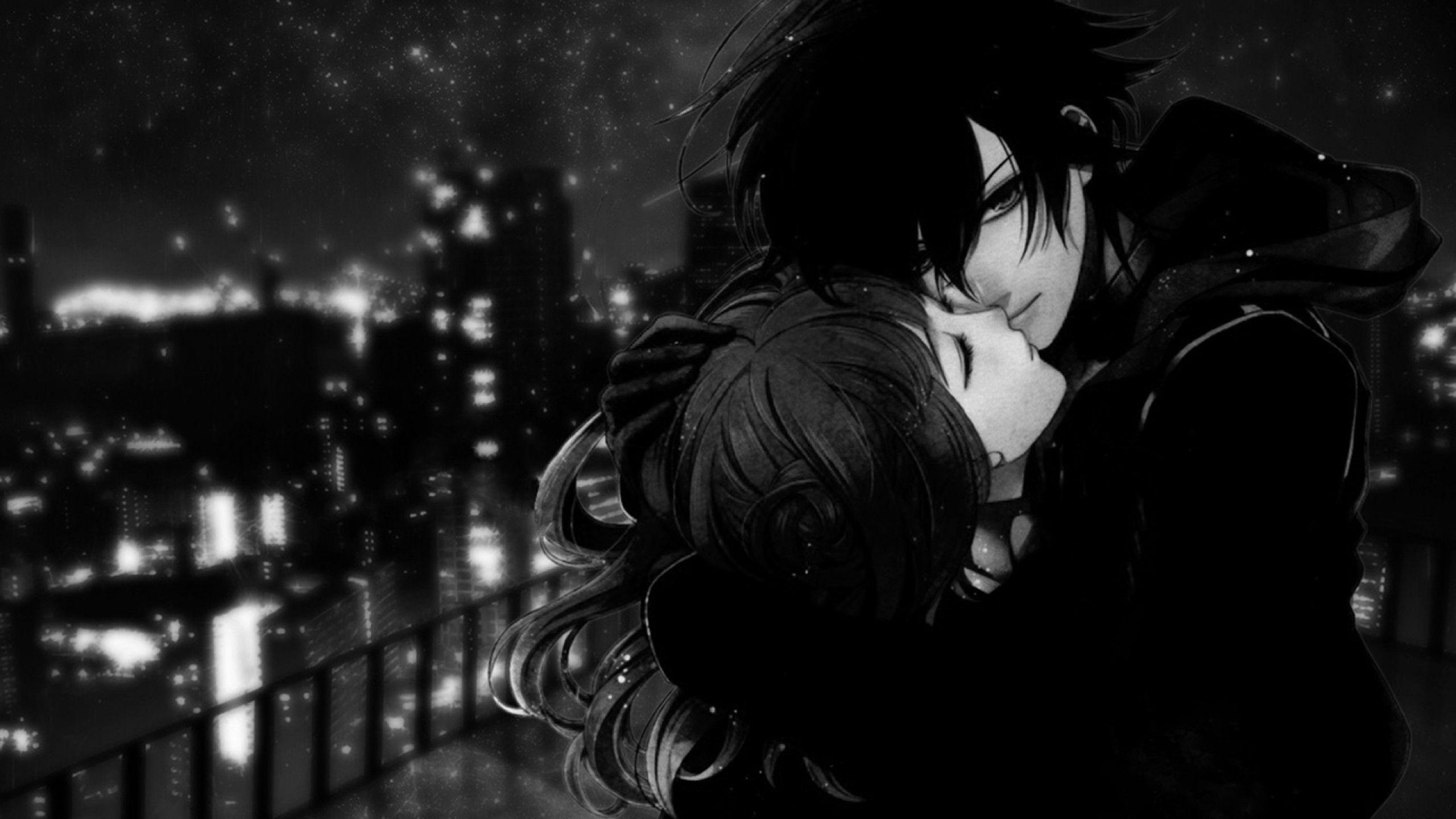 sad anime couple black and white