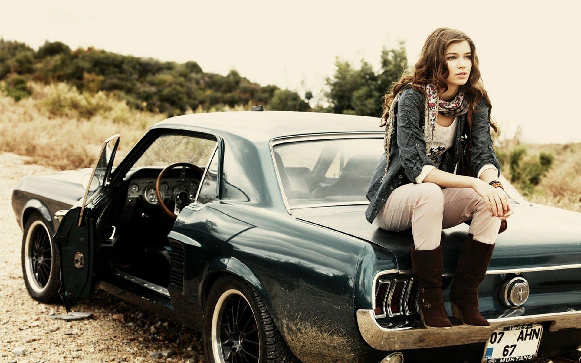 1920x1200 Girl on a classic Ford Mustang