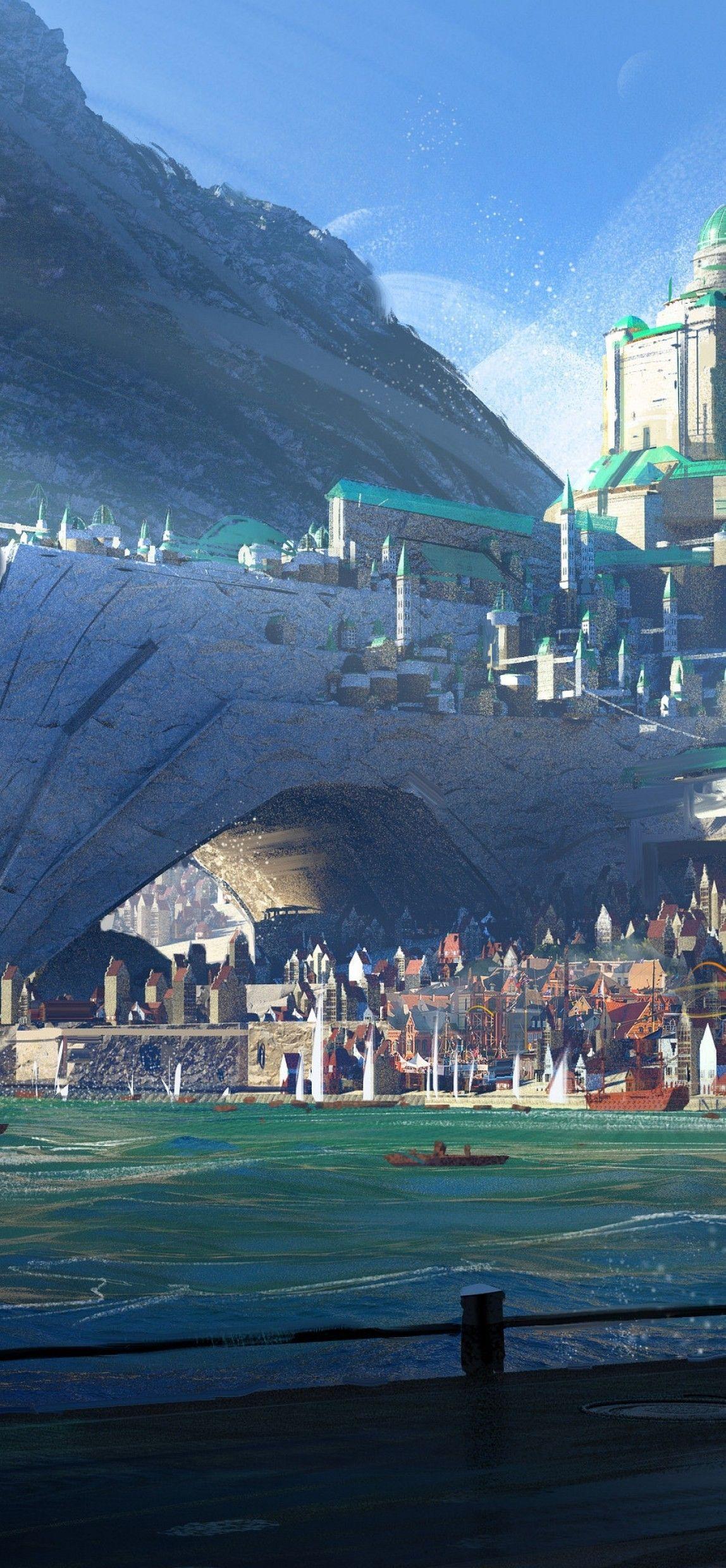 1148x2480 Mountain, Ships, Statue Wallpaper .