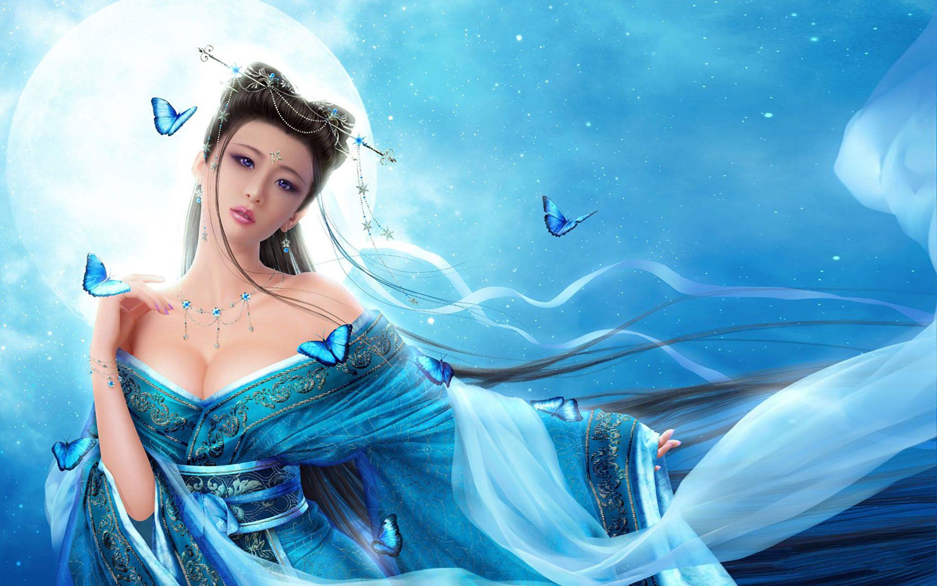 1920x1200 Butterfly Girl and Full Moon Fantasy Art Wallpaper for Desktop Tablet And Mobile Phones :