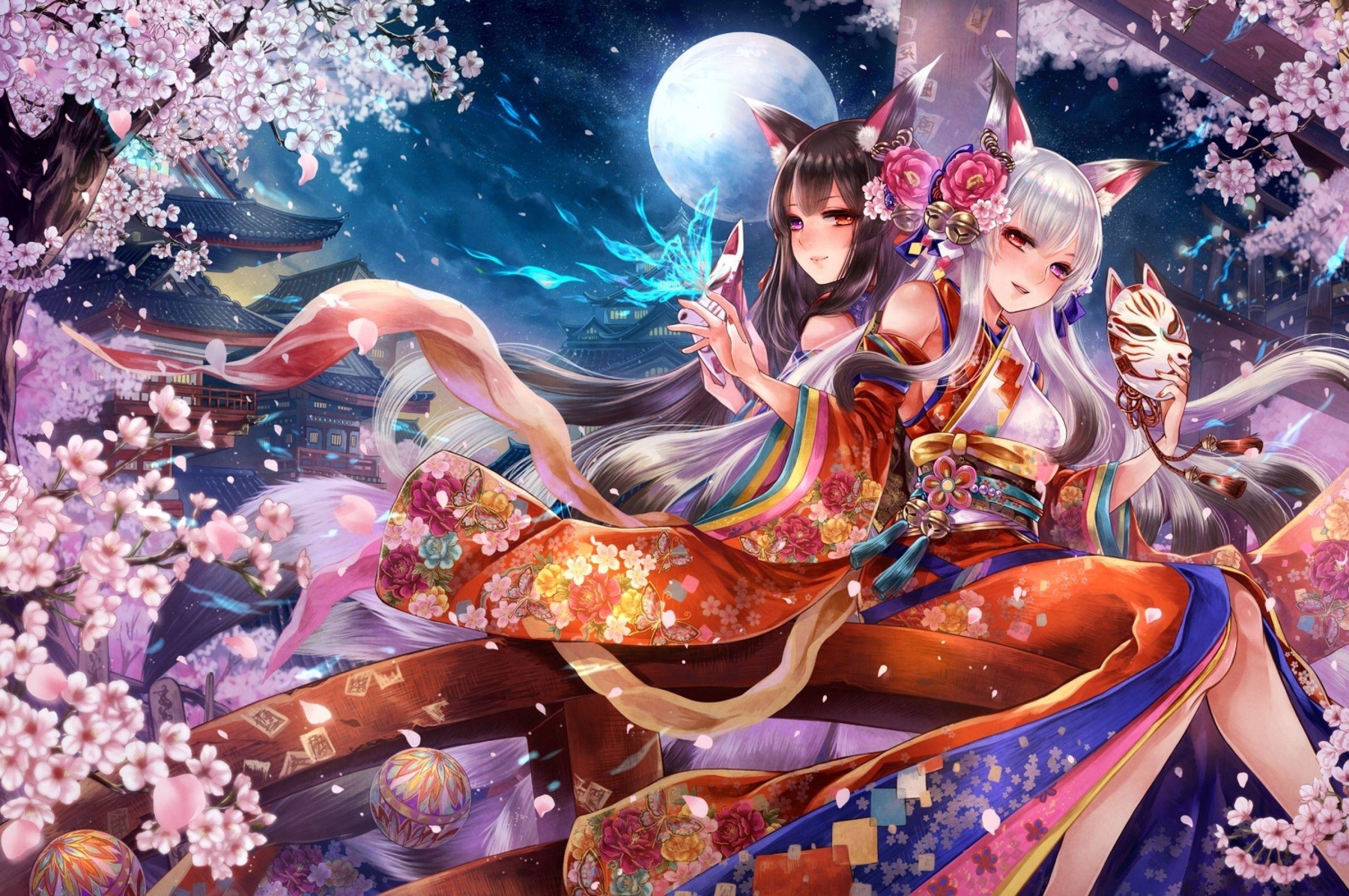 2560x1700 Download 2560x1700 Kimono, Moon, Sakura, Fox Girl, Night, Sky, Butterfly Wallpaper for Chromebook Pixel
