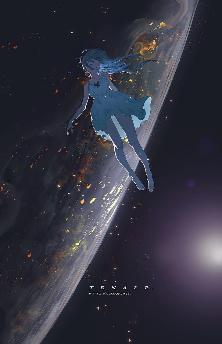 728x1127 Space, Floating, Planet, Anime, Anime Girls, Closed Floating In Space