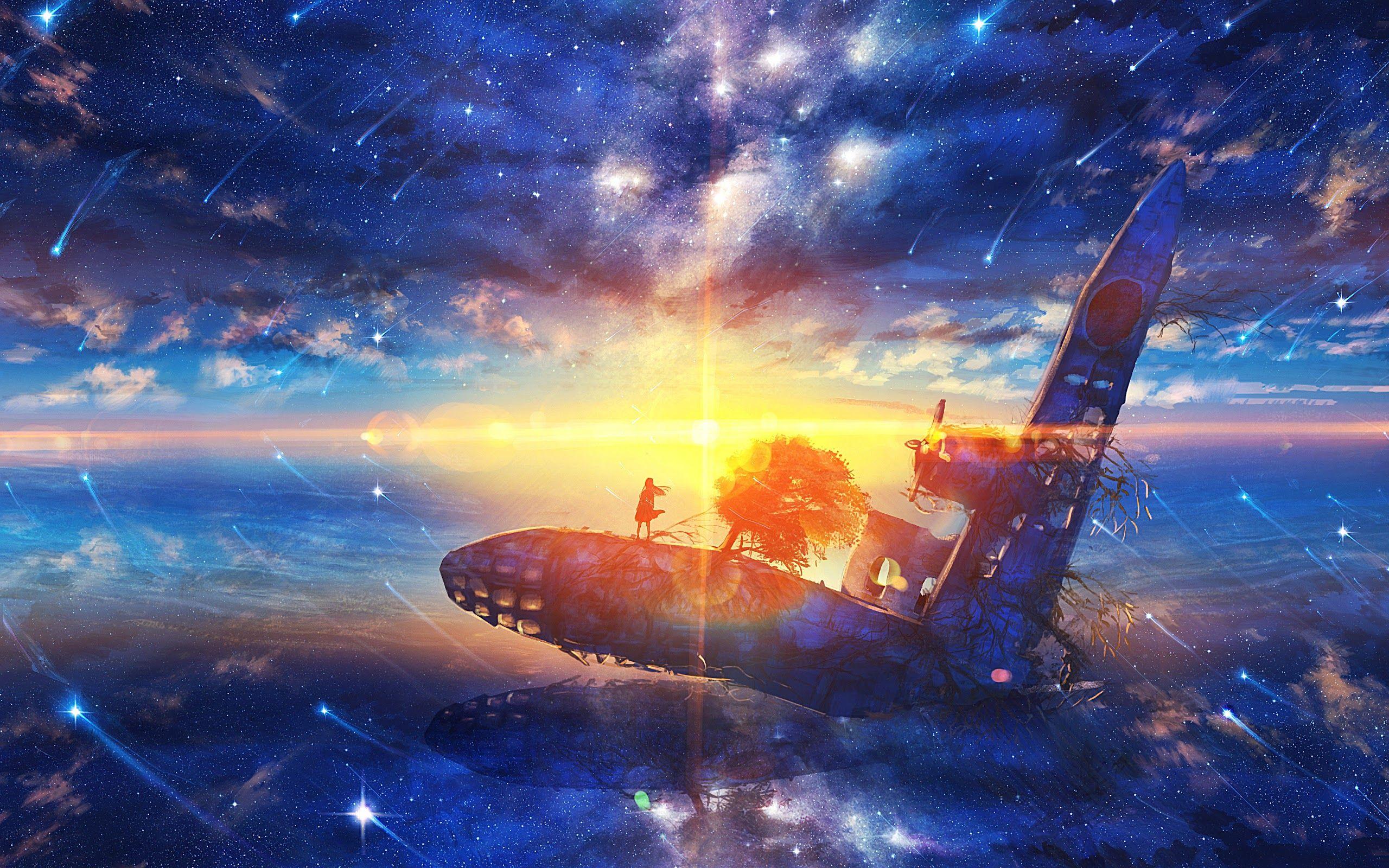 2560x1600 Sunrise Anime Scenery Horizon Stars 4K .