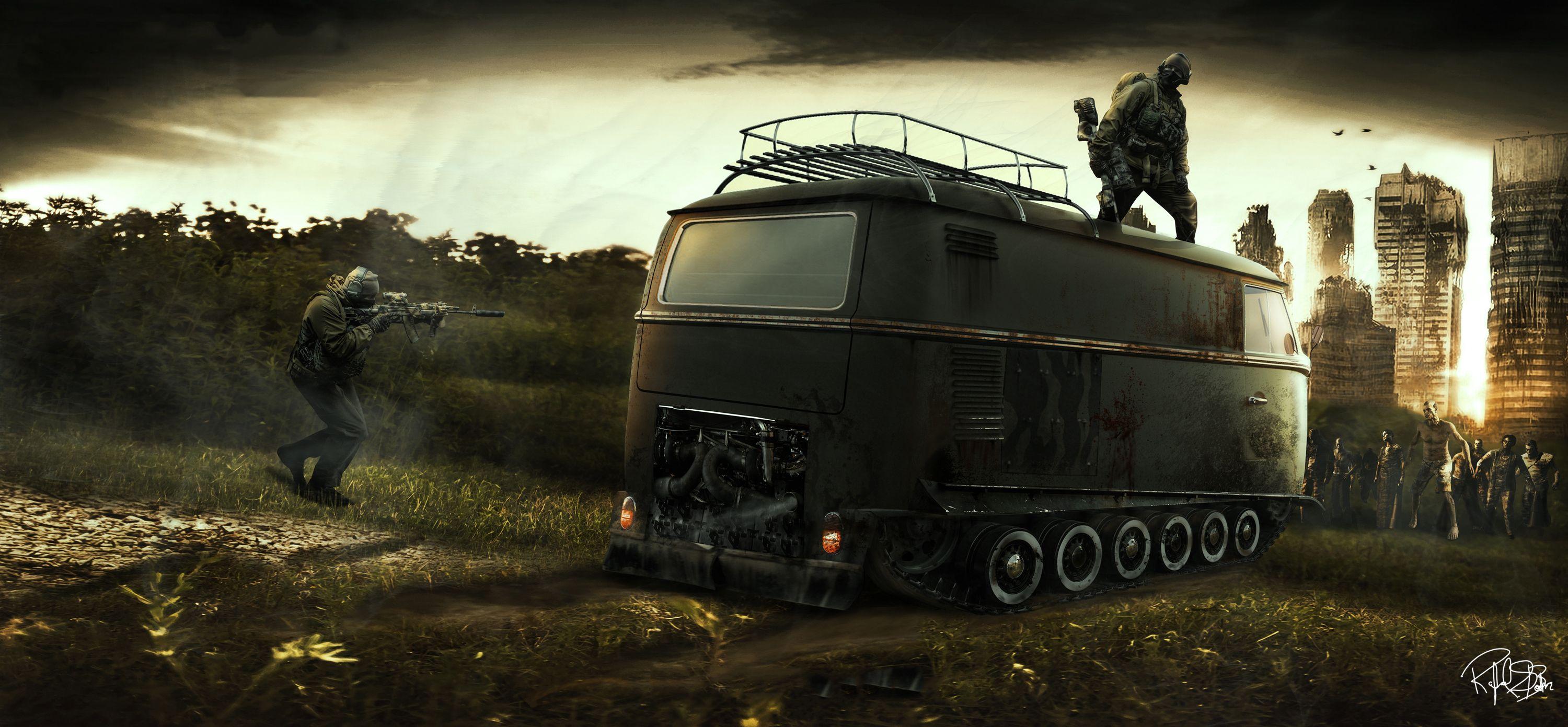 3000x1391 city, Aeyaey, Car, Apocalypse, Zombies .