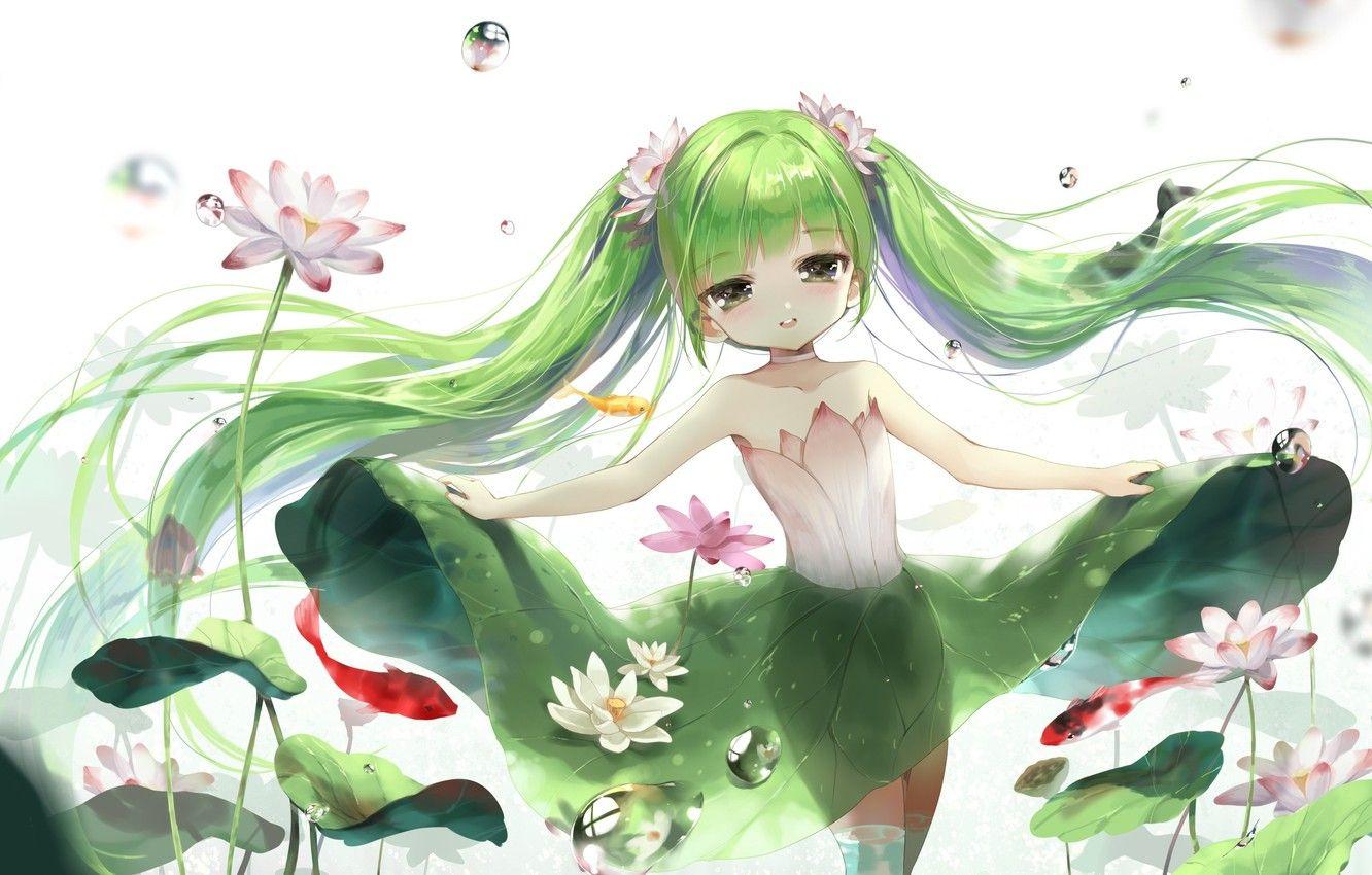 1332x850 Wallpaper leaves, fish, bubbles, fairy .anime.