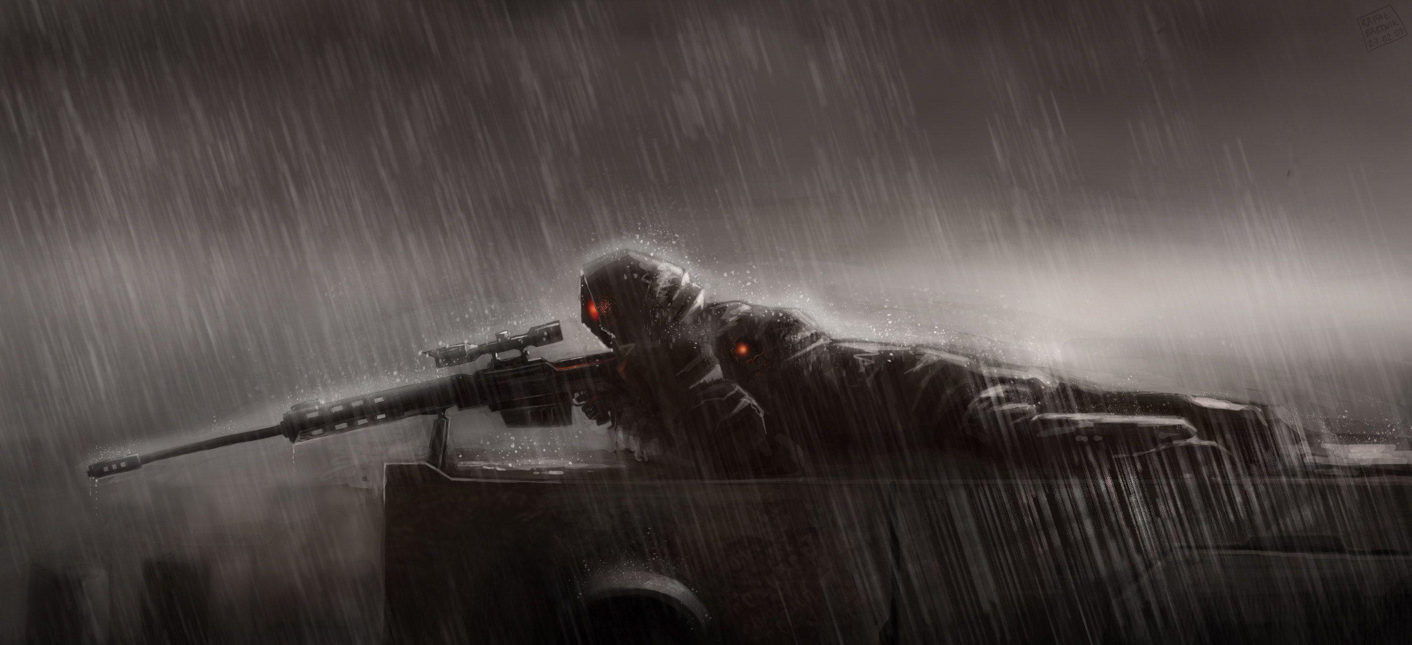 2812x1284 Sniper rain sniper lies position rain sniper rifle wallpaper