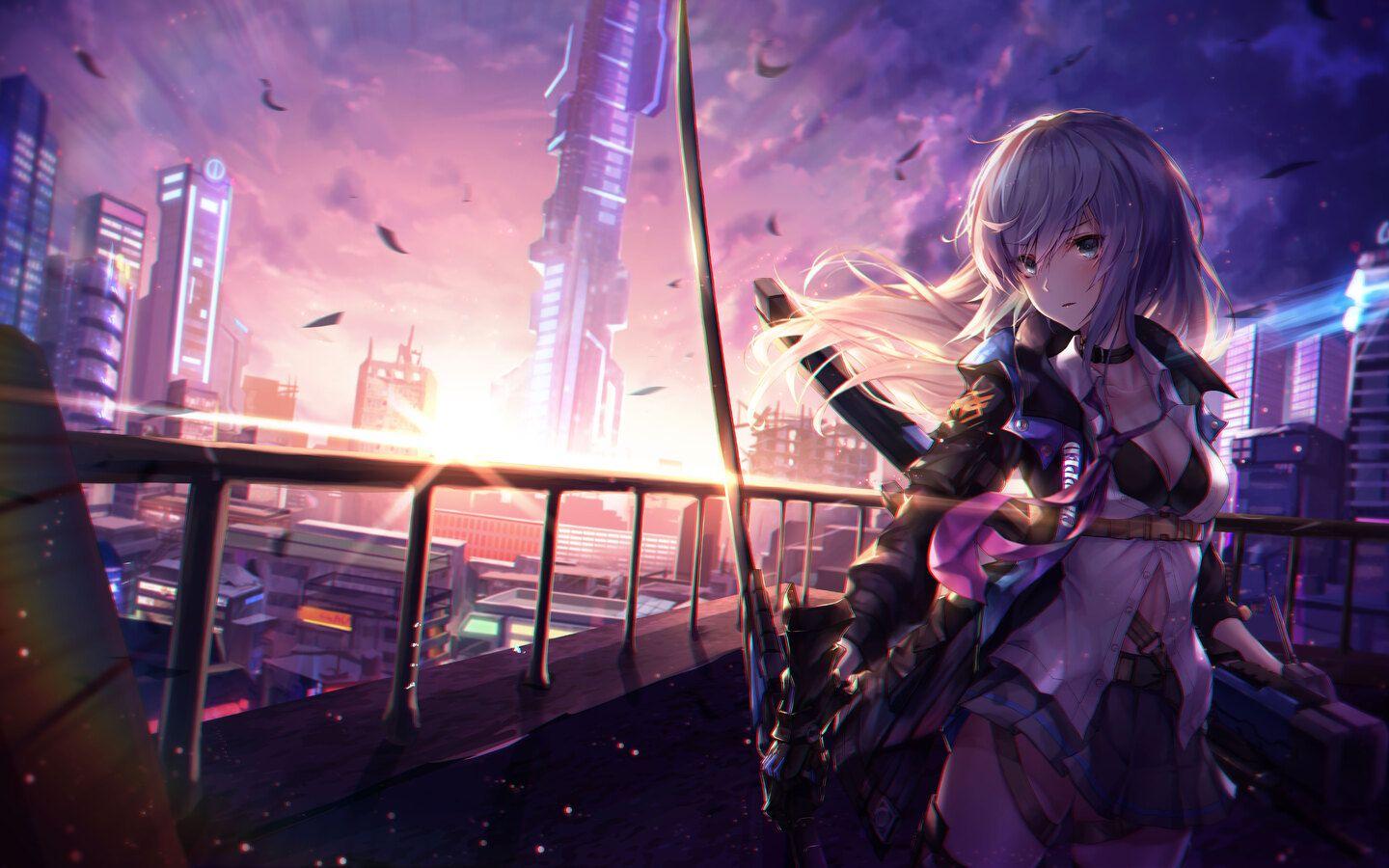 1440x900 Anime Girl White Hairs Green .