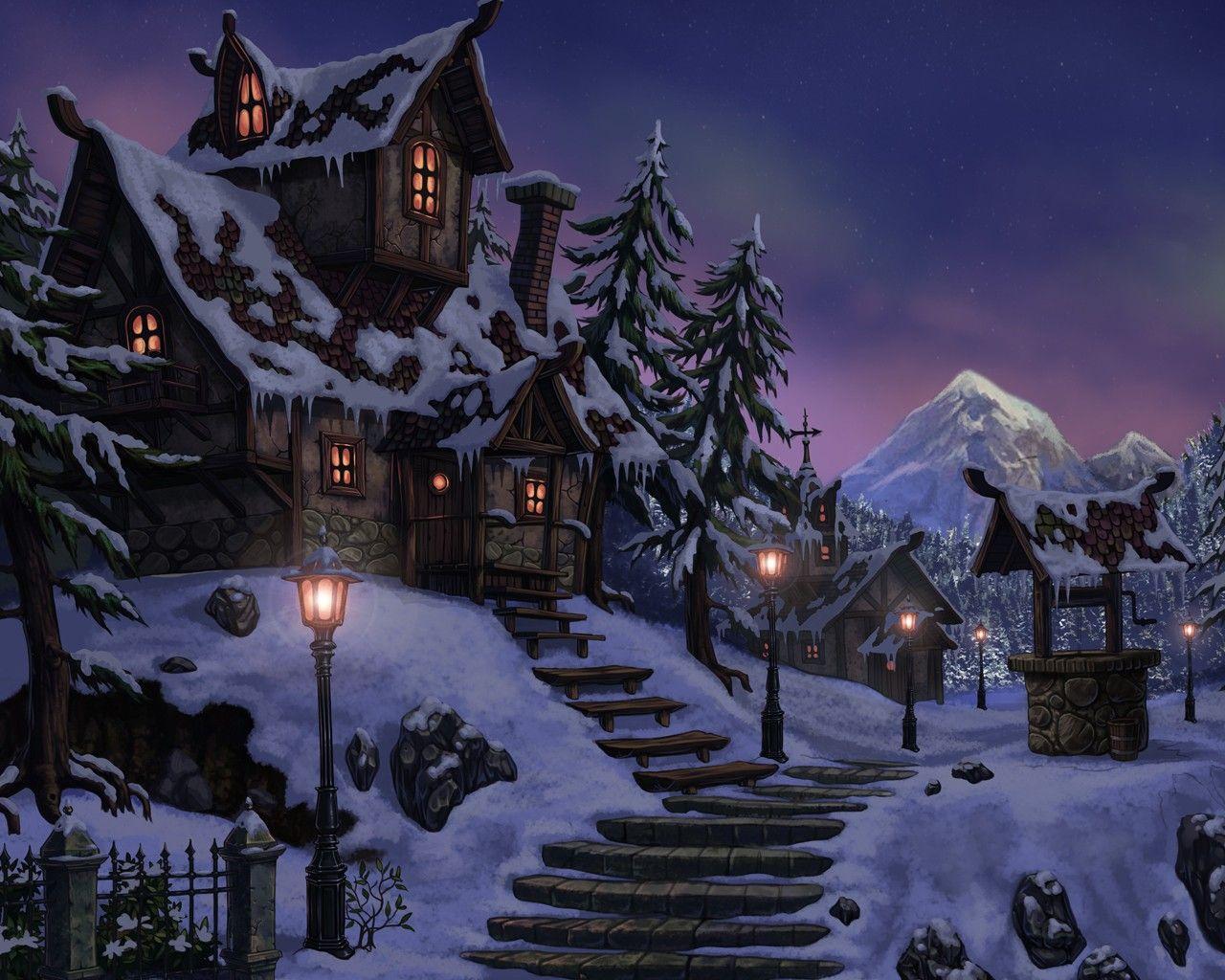 1280x1024 winter, snow, night, houses, fantasy .sf.co.ua