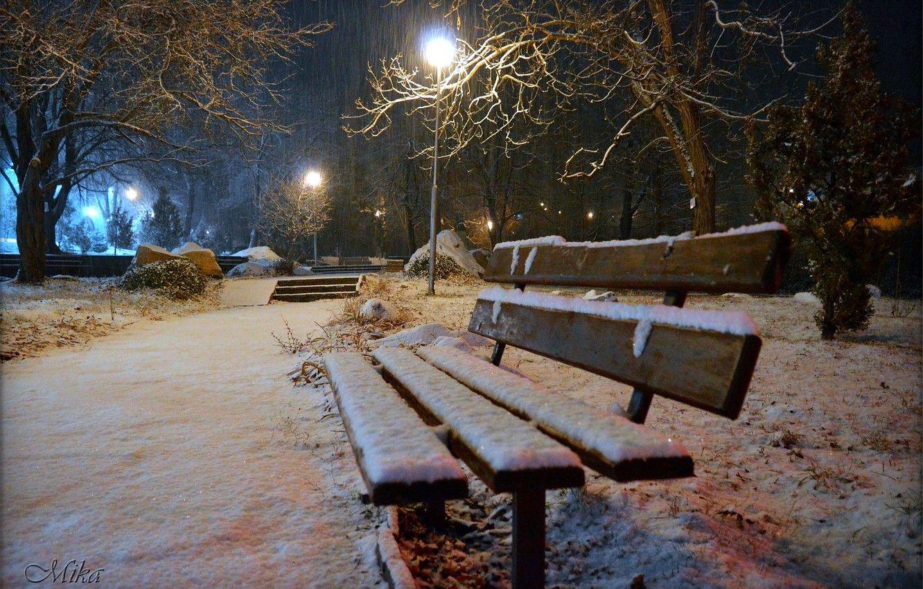 1332x850 Wallpaper Winter, Night, Snow, Bench .