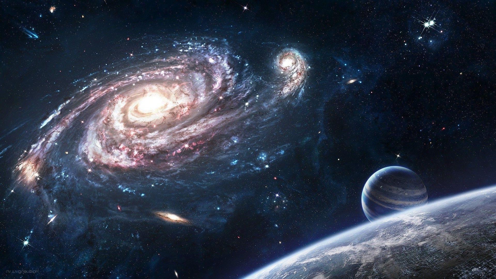 1920x1080 Space Art, Spiral Galaxy, Planet, Stars .
