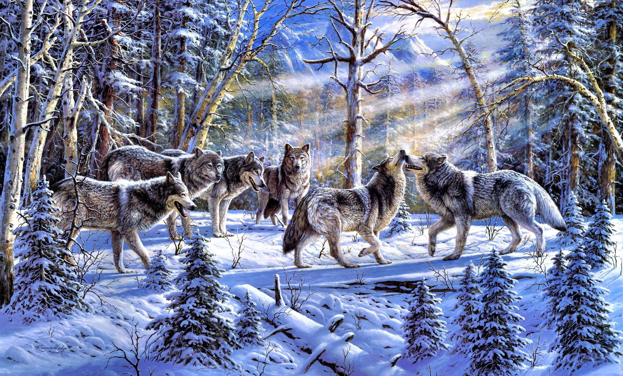 2550x1540 Awesome Winter Painting Wolves In Winter Hd Wallpaper Top Desktop