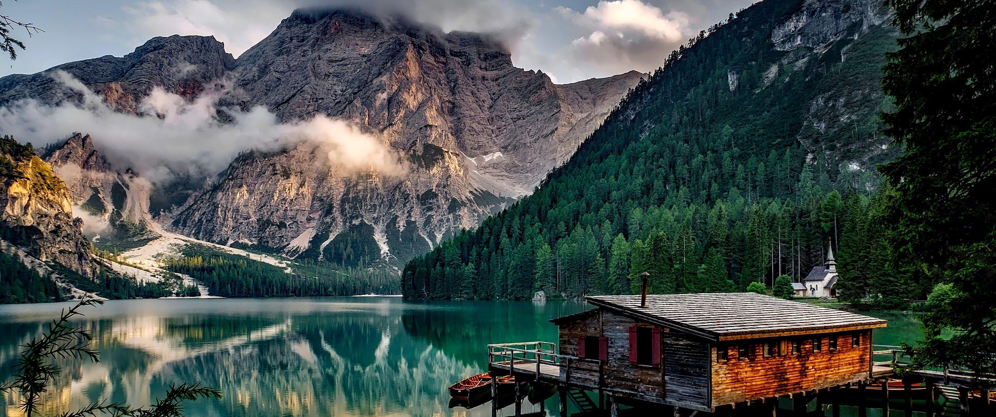 3440x1440 Lake Mountains Nature Cottage 4K .