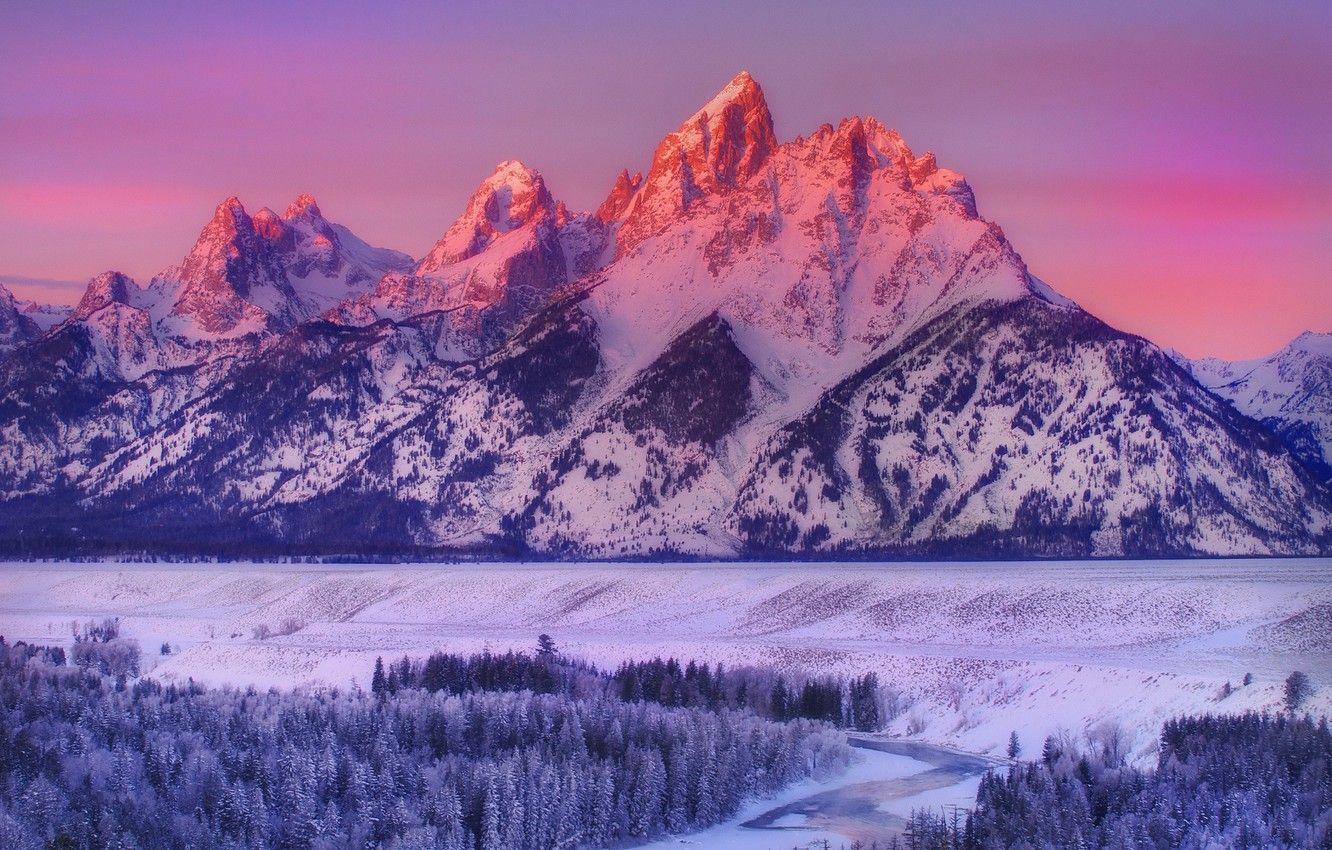 1332x850 Wallpaper forest, twilight, river, sky, trees, landscape, nature, sunset, winter, snow, evening, Mountains, spikes, snowy peaks image for desktop, section пейзажи