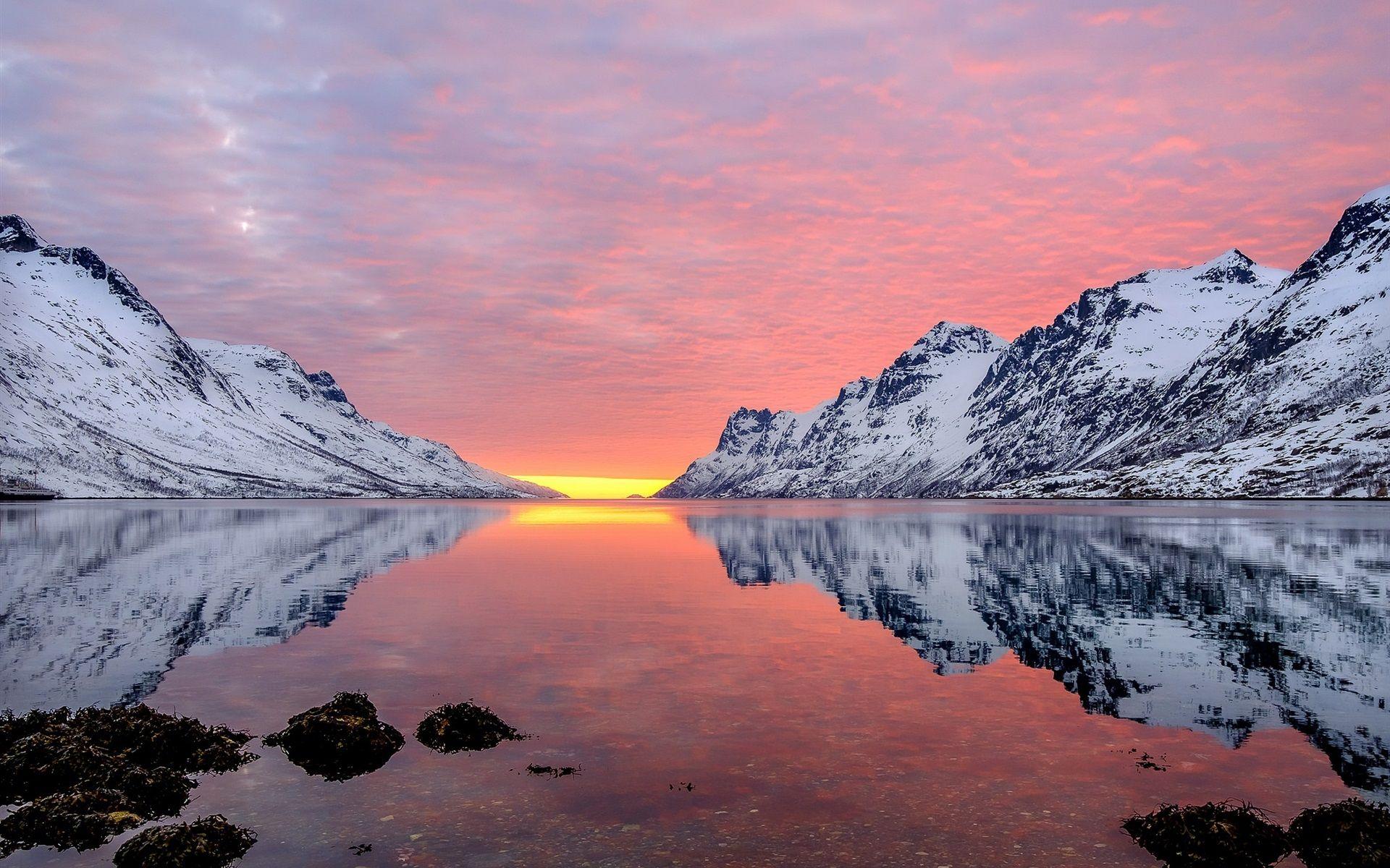 1920x1200 Wallpaper Mountains, Snowy, River, Red .best