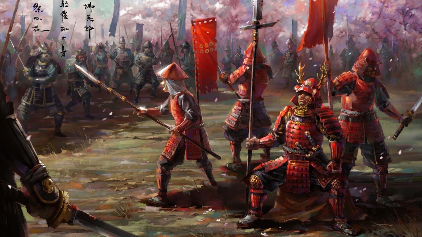 1366x768 Download wallpaper asia, weapons, army, samurai, army, armor, art