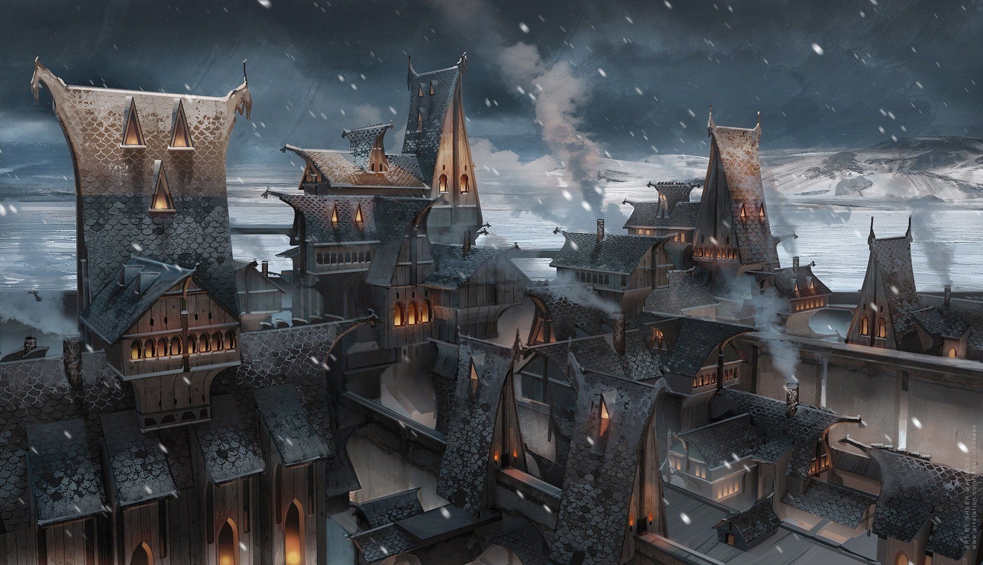 1920x1104 Enchanted Winterfall: A Fantasy Cityscape in HD