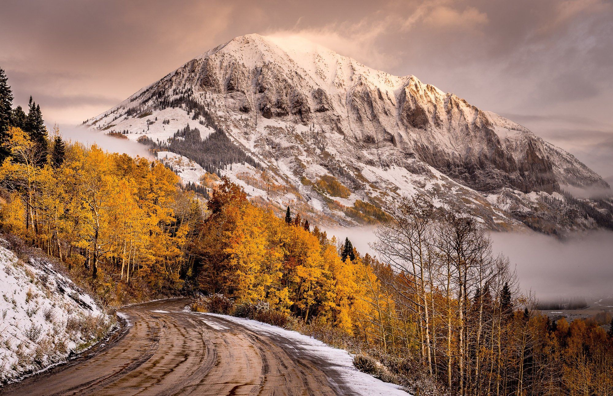 2000x1293 view, Road, Mountains, Sky, Snow, Fall, Winter, Autumn, Splendor, Clouds Wallpaper HD / Desktop and Mobile Background