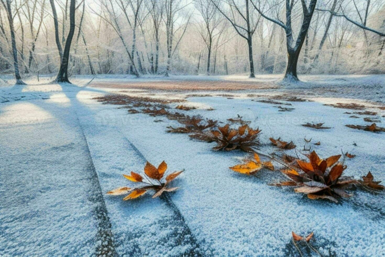 1470x980 Frosty fallen leaves with shiny ice frost in snowy forest park. background. AI Generative Pro Photo