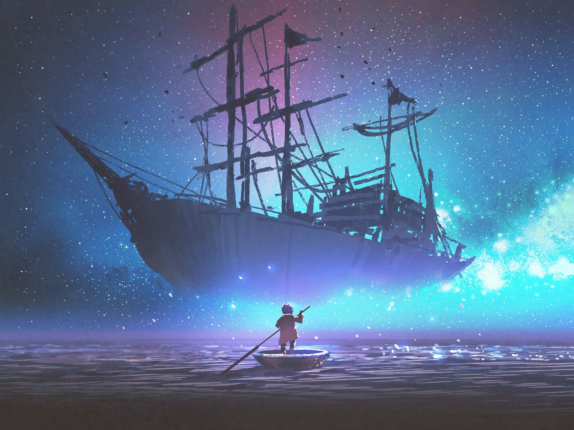 2000x1500 Magical Pirate Ship Wallpaper Mural: Fantasy Kids Bedroom Decor