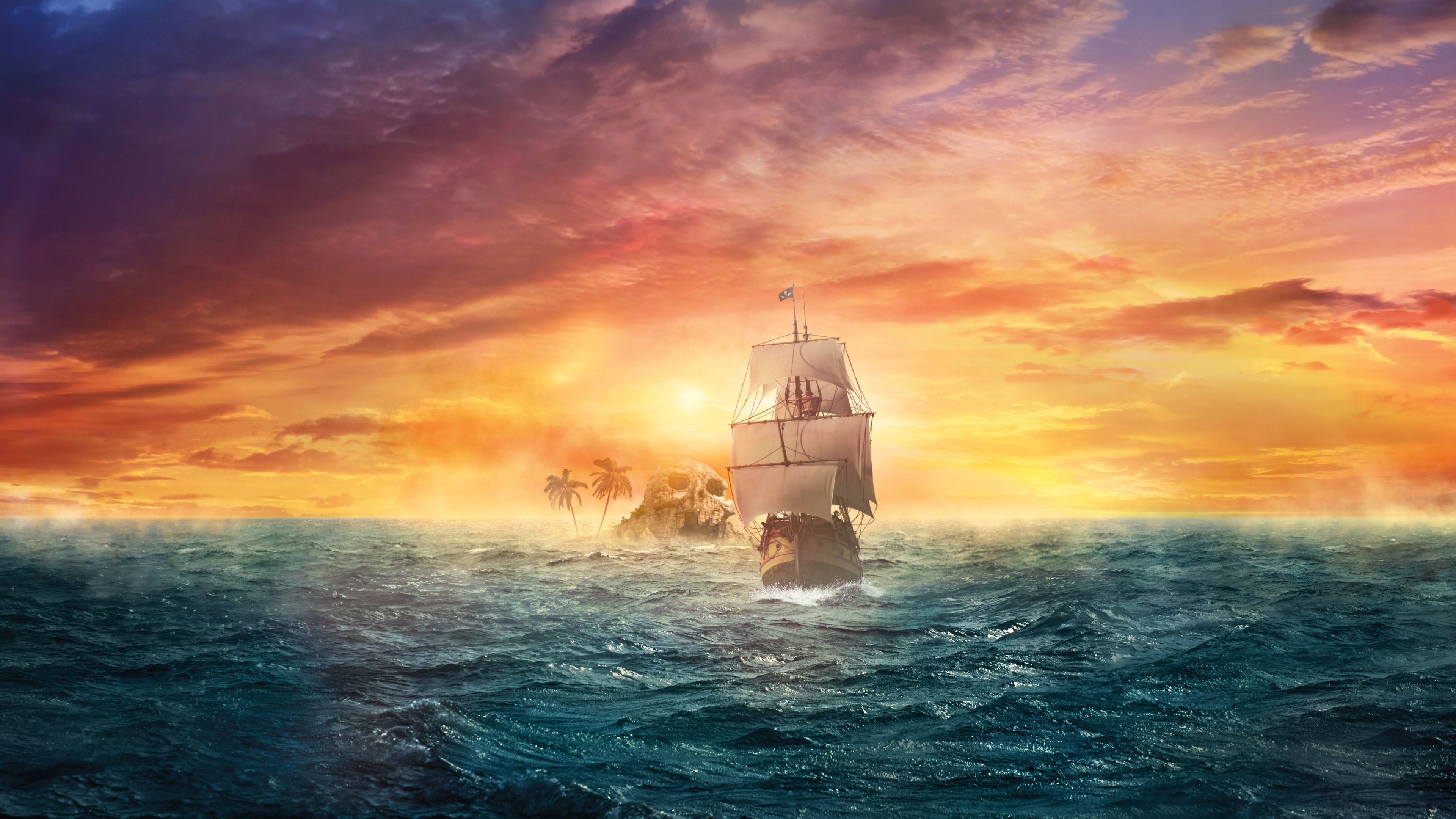 3840x2160 Desktop wallpaper: Ship, Pirate Ship, Ocean, Skull, Sailboat, Sunset, Fantasy 4K free download for PC. 657079
