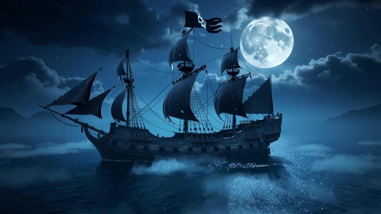 1244x700 Mysterious Pirate Ship Sailing Under a Full Moon at Night